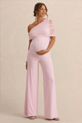 Mariska | Light Pink Asymmetric-Neck Maternity Jumpsuit With Sash Detail