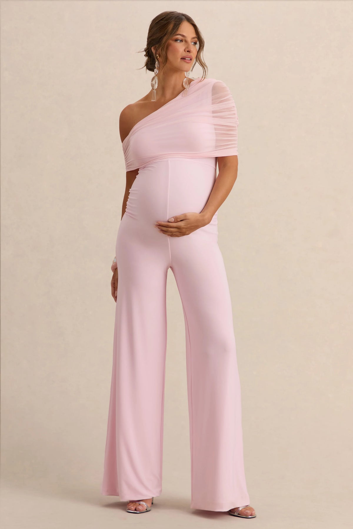 Mariska | Light Pink Asymmetric-Neck Maternity Jumpsuit With Sash Detail