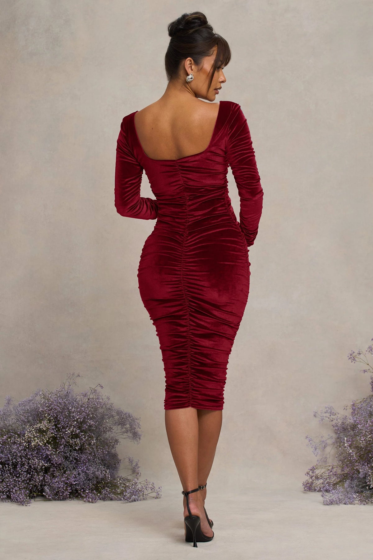 New Life | Berry Velvet Maternity Square Neck Ruched Midi Dress