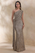Liori | Champagne Sequin Asymmetric-Neck Maxi Dress With Sash