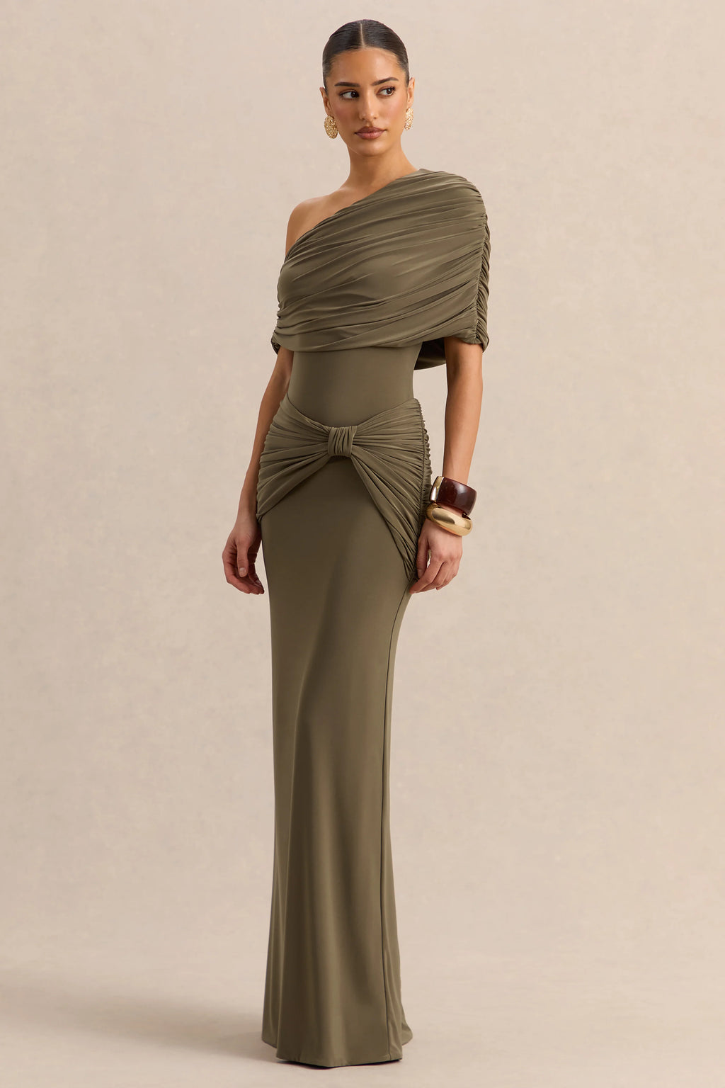 Afiya | Khaki Twisted Waist Maxi Skirt with Knot Detailing