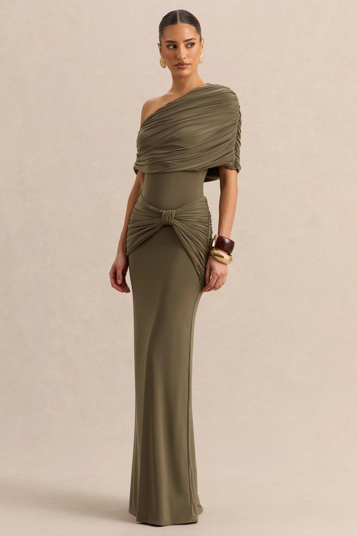 Afiya | Khaki Twisted Waist Maxi Skirt with Knot Detailing