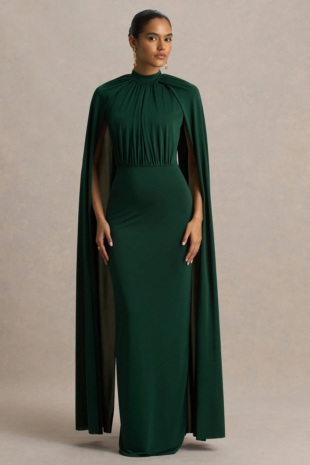Darielle | Bottle Green High-Neck Cape-Sleeve Maxi Dress