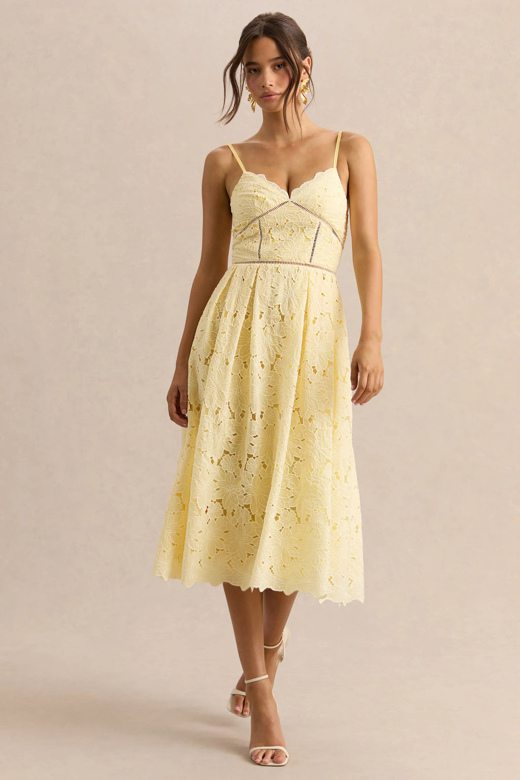 Nicoline | Lemon Lace Sweetheart Midi Dress With Cami Straps