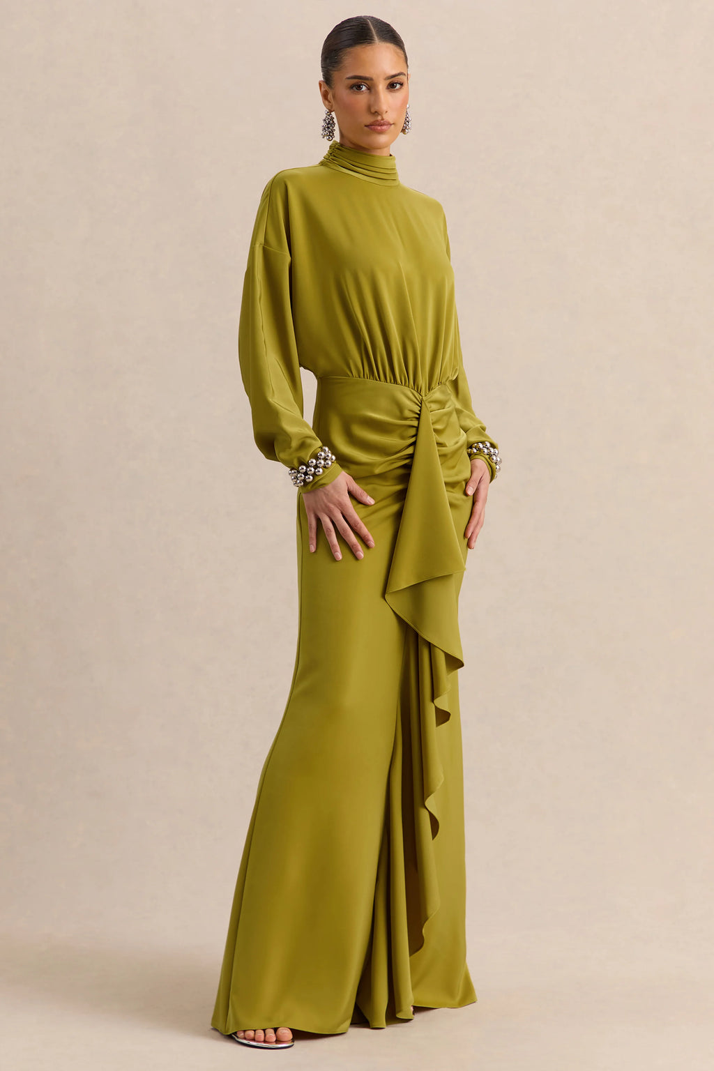 Perla | Olive High-Neck Maxi Dress With Gathered-Detailing