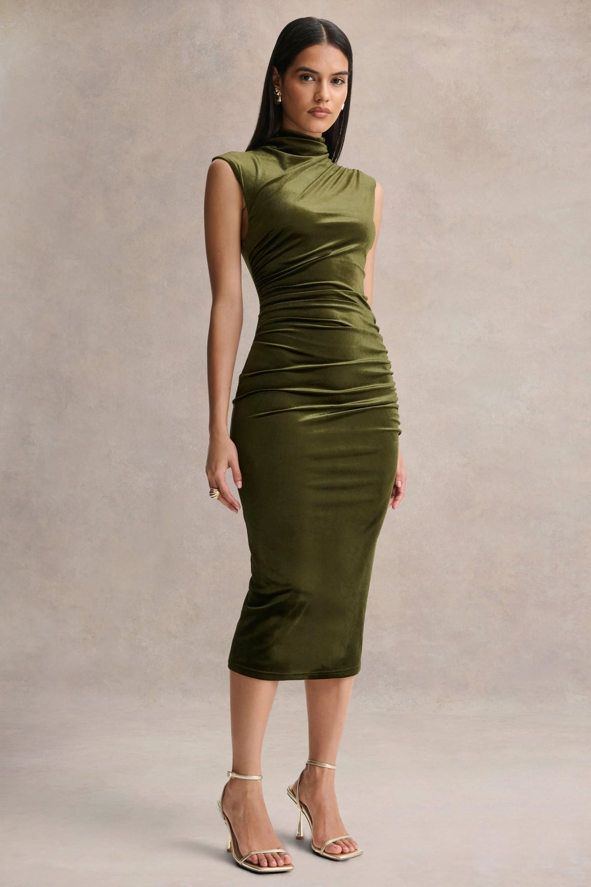 Novine | Olive Velvet High-Neck Midi Dress