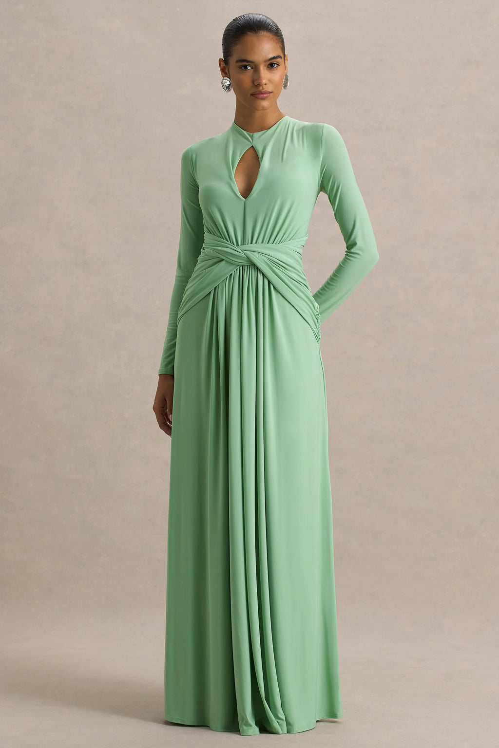 With Me | Green High-Neck Maxi Dress With Ruched Detailing