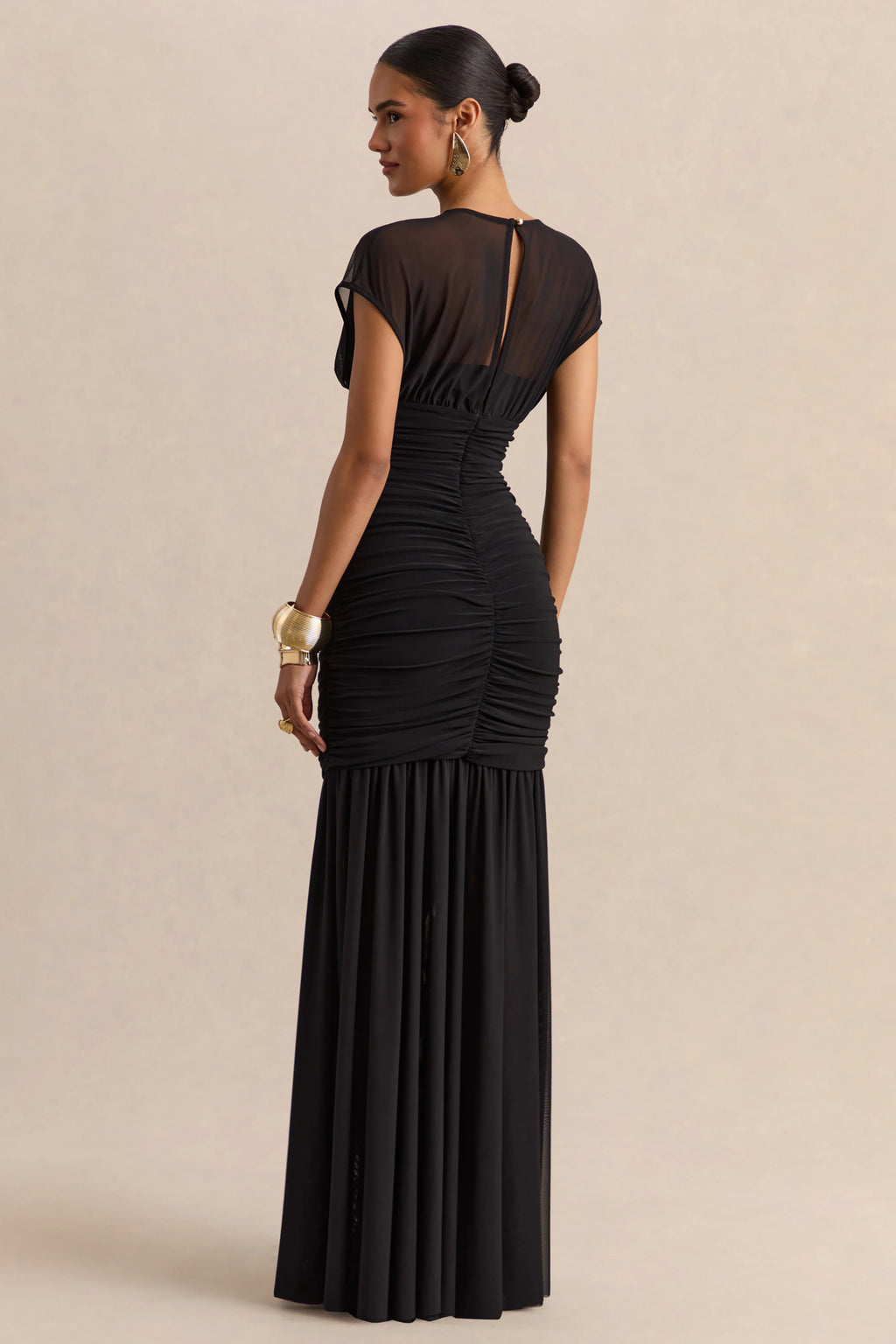 Kalene | Black Wide-Neck Maxi Dress With Sheer-Detailing