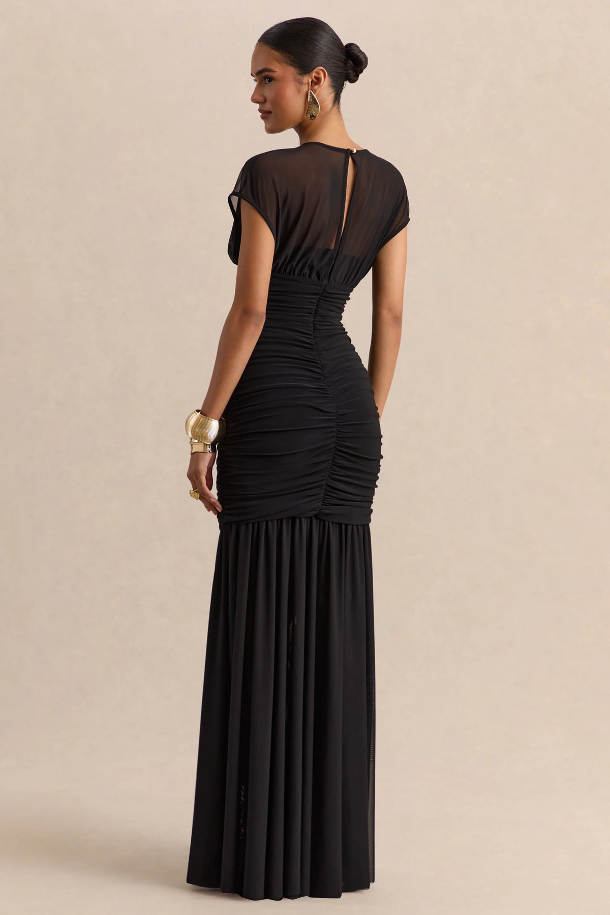 Kalene | Black Wide-Neck Maxi Dress With Sheer-Detailing