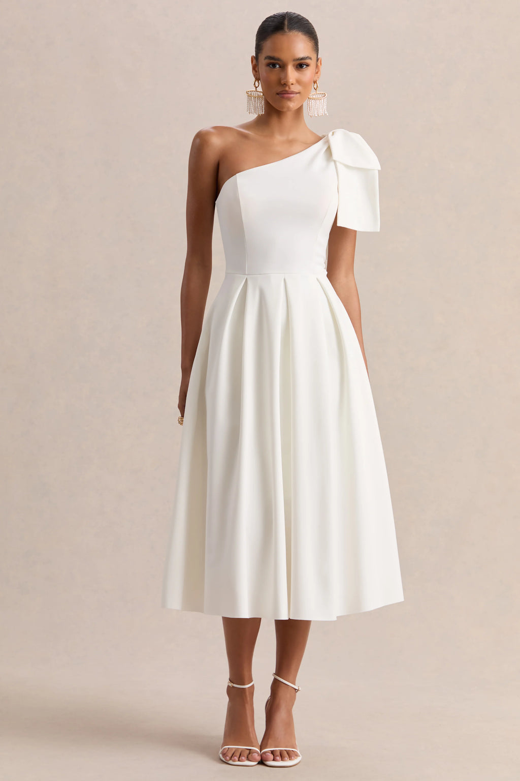 Meria | White Asymmetric-Neck Midi Dress With Bow-Sleeve