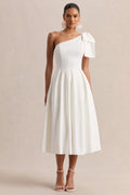 Meria | White Asymmetric-Neck Midi Dress With Bow-Sleeve