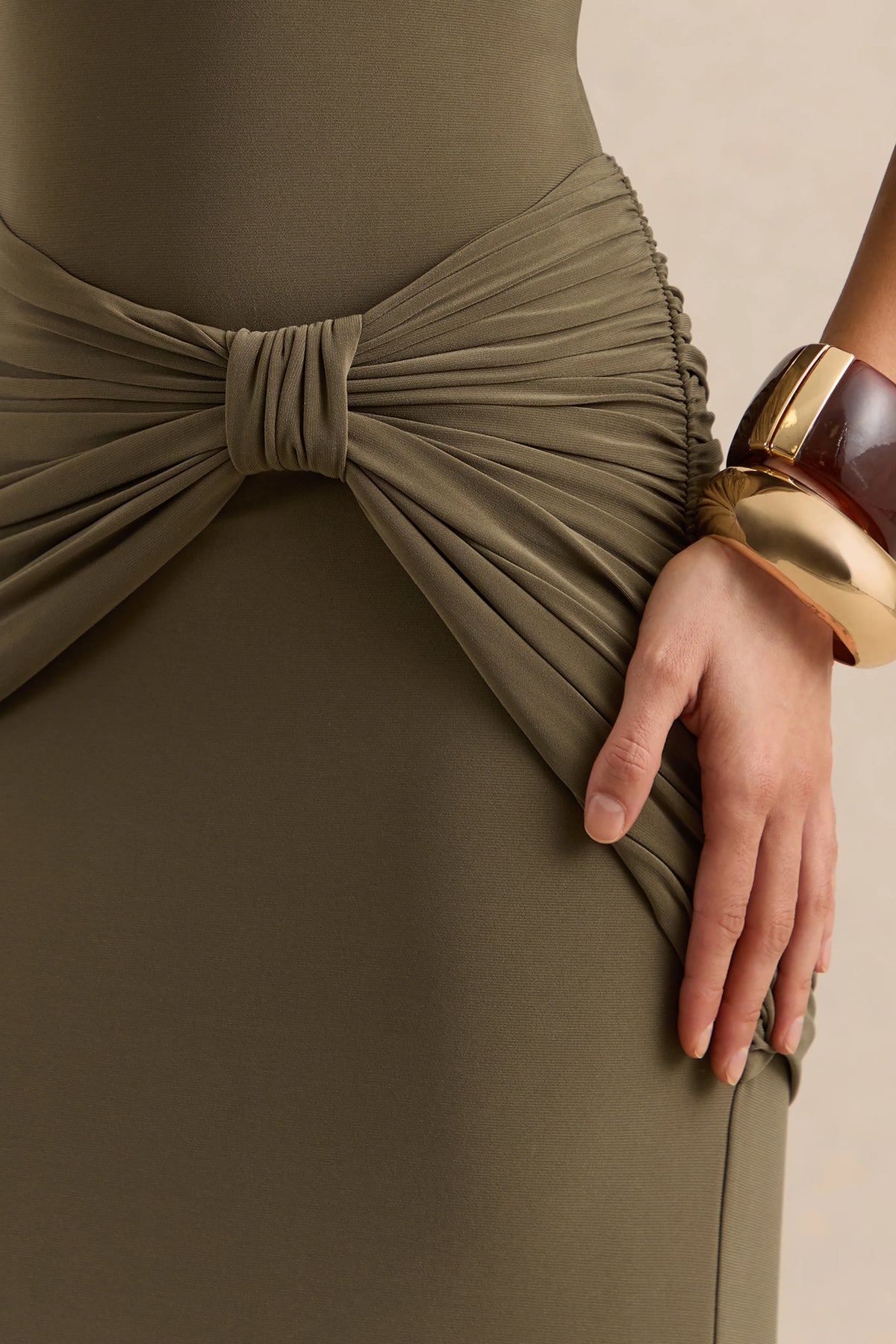 Afiya | Khaki Twisted Waist Maxi Skirt with Knot Detailing