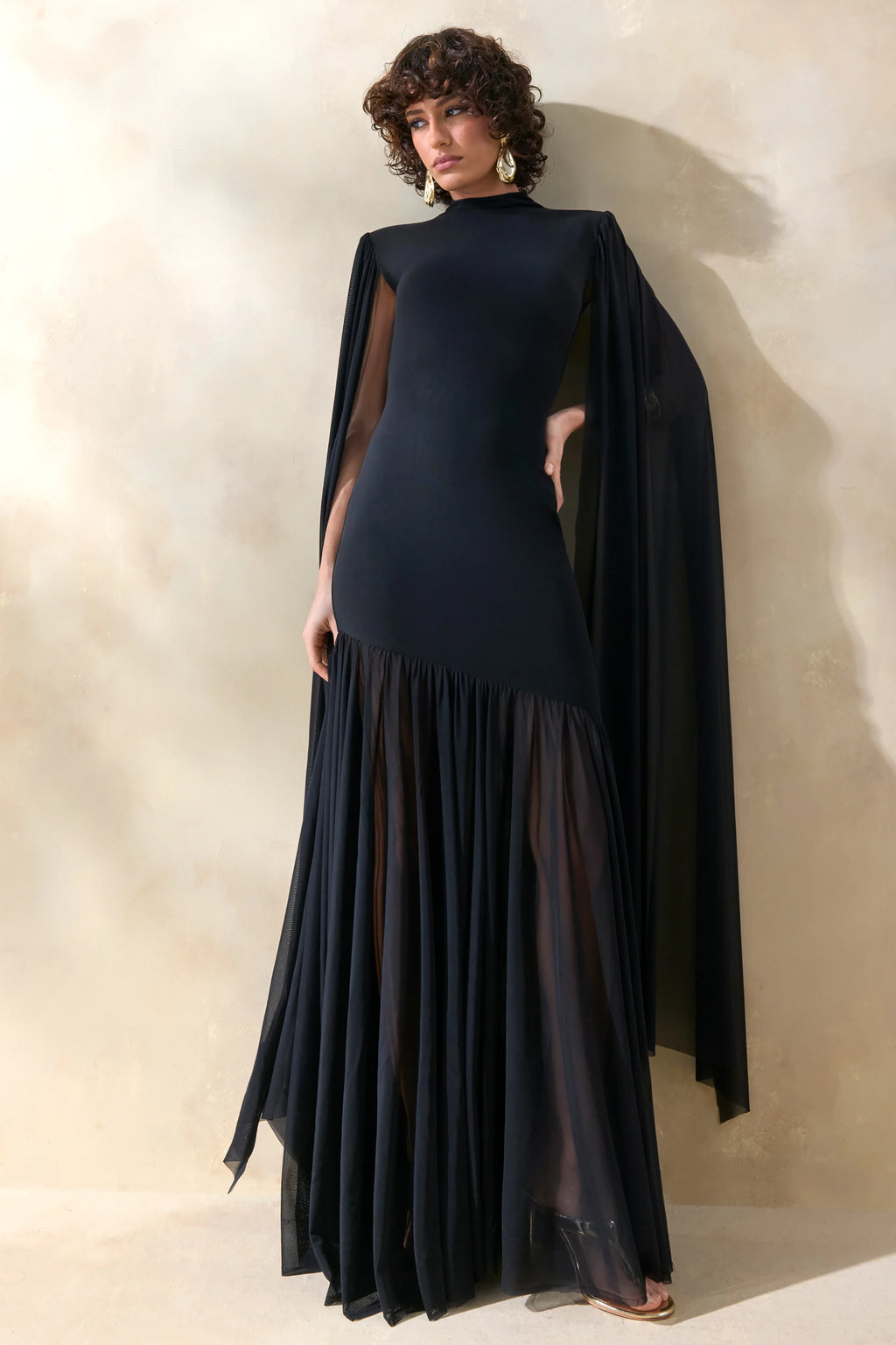 Chantelle | Black High-Neck Maxi Dress With Drop-Waist And Cape-Sleeves
