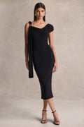 Mirelda | Black Asymmetric-Neck Midi Dress With Gold-Detail