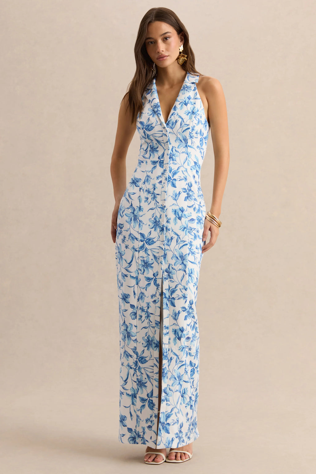 Quinn | Blue Porcelain Print Plunge-Neck Tailored Maxi Dress
