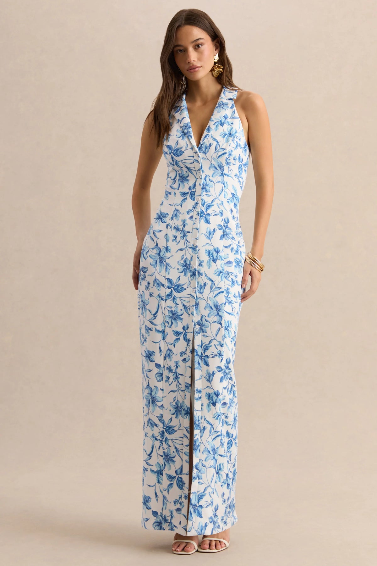Quinn | Blue Porcelain Print Plunge-Neck Tailored Maxi Dress