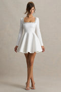 Astonish | White Long-Sleeve Embellished Square-Neck Mini Dress With Volume Skirt