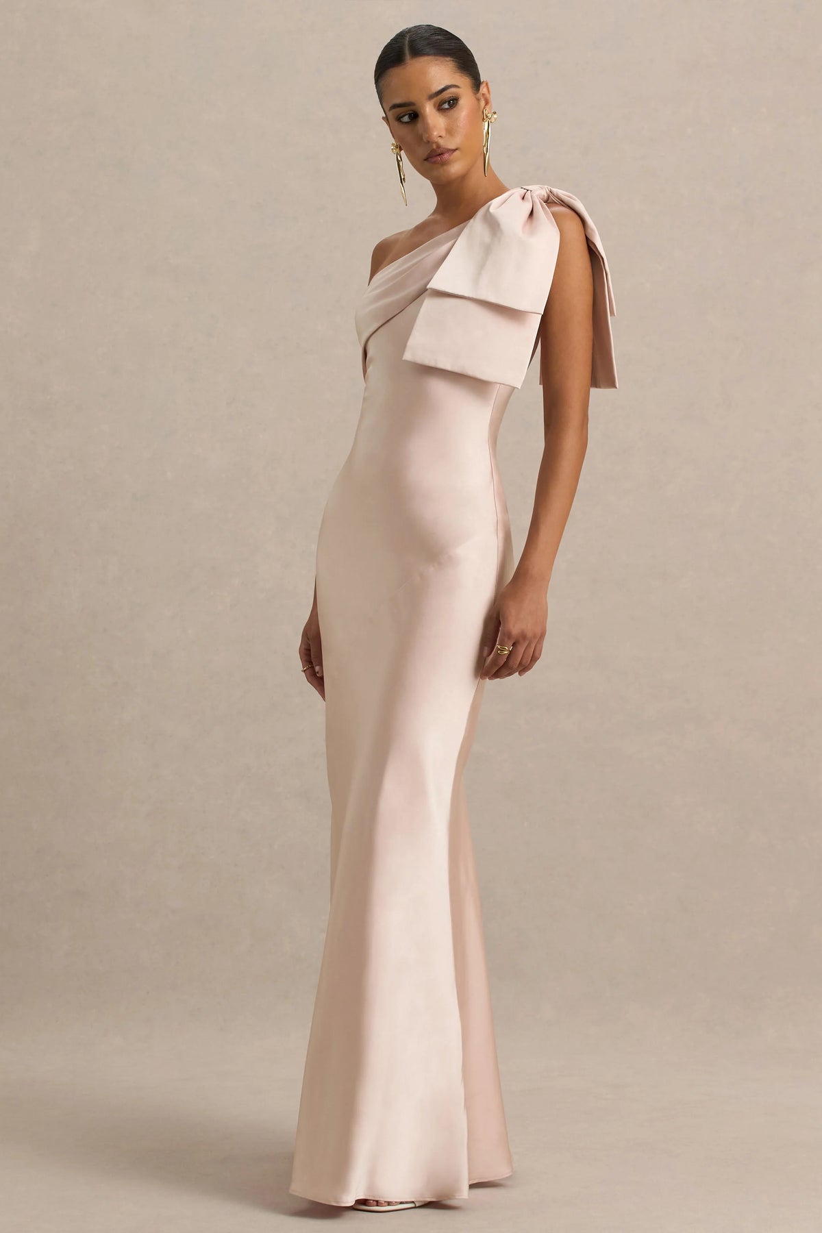 Valerie | Light Pink Satin Asymmetric-Neck Maxi Dress With Bow Detail