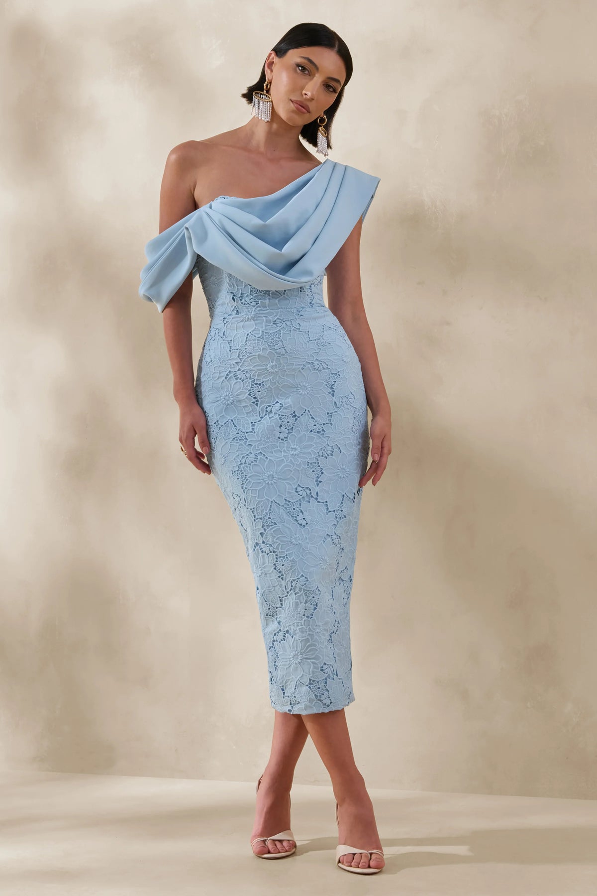 Loria | Powder Blue Lace Asymmetric-Neck Midi Dress With Draped Detailing