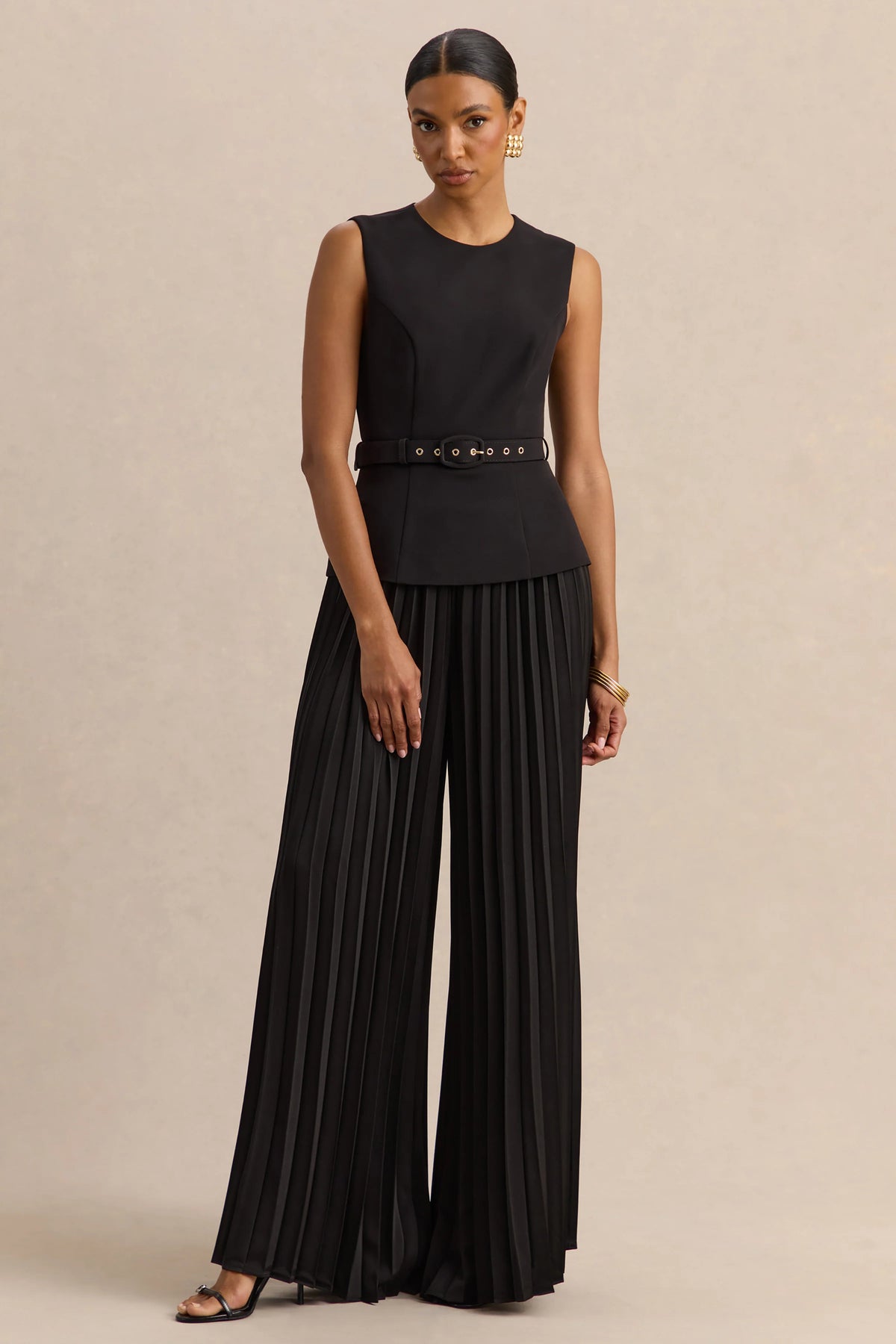 Karienne | Black Round-Neck Top With Belted-Detail