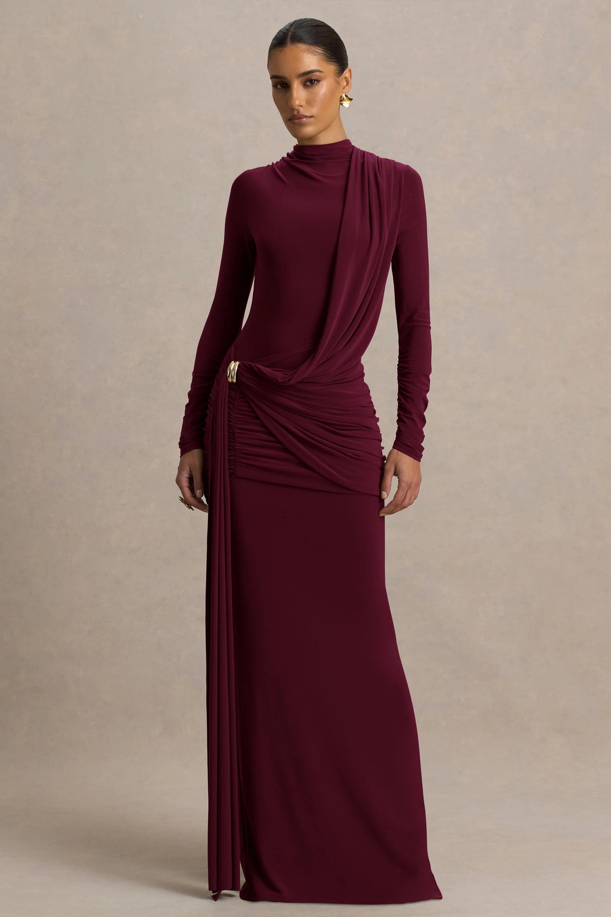 Melissa | Burgundy Long-Sleeve Wrap Maxi Dress With Draped Detailing