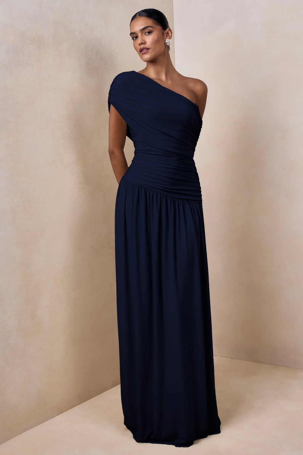 Emberly | Navy Draped Asymmetric-Neck Maxi Dress With Drop-Waist