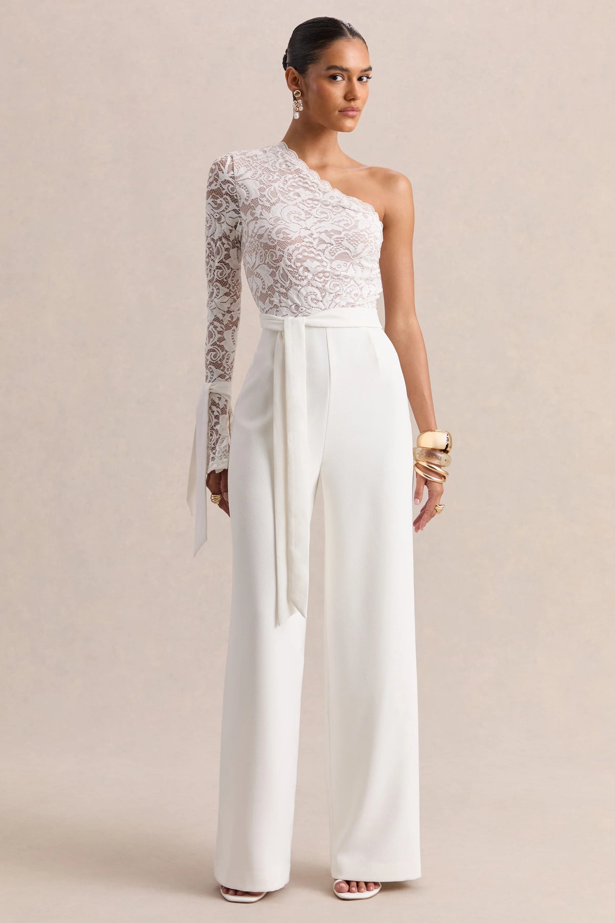 Clarence | White Lace Asymmetric-Neck Jumpsuit With Bow-Details