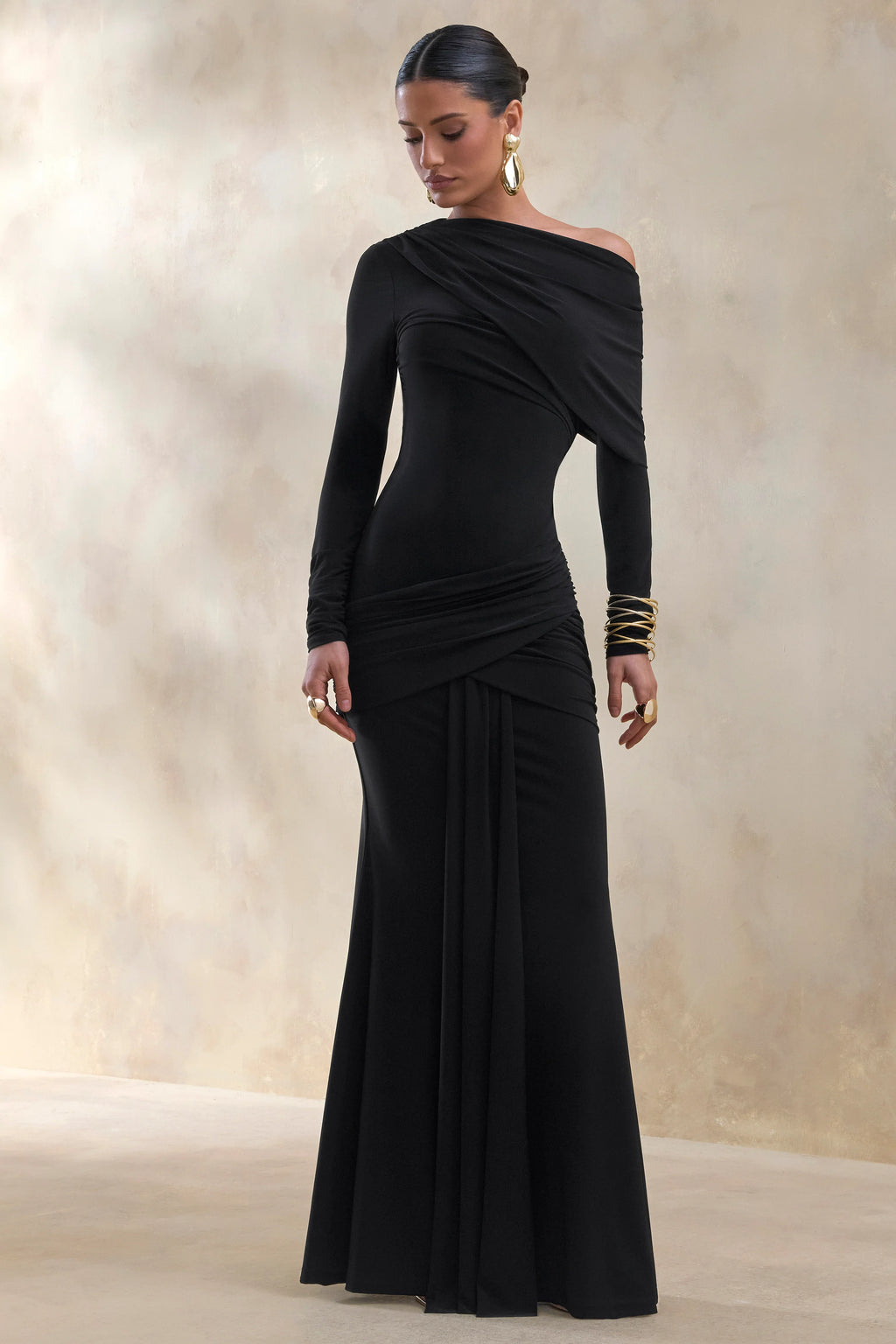 Kessara | Black Asymmetric-Neck Maxi Dress With Sash And Gathered-Detailing