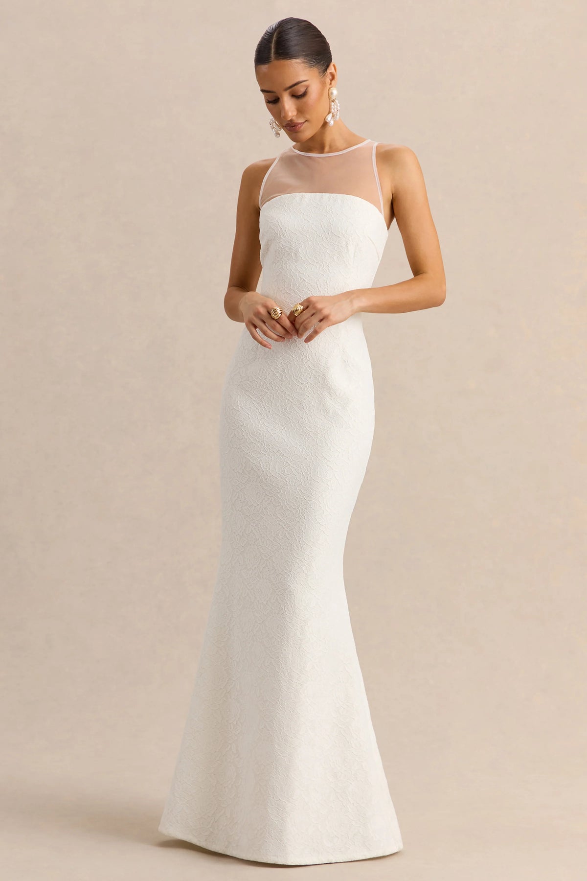 Rosevine | White Crew-Neck Maxi Dress With Mesh Panel