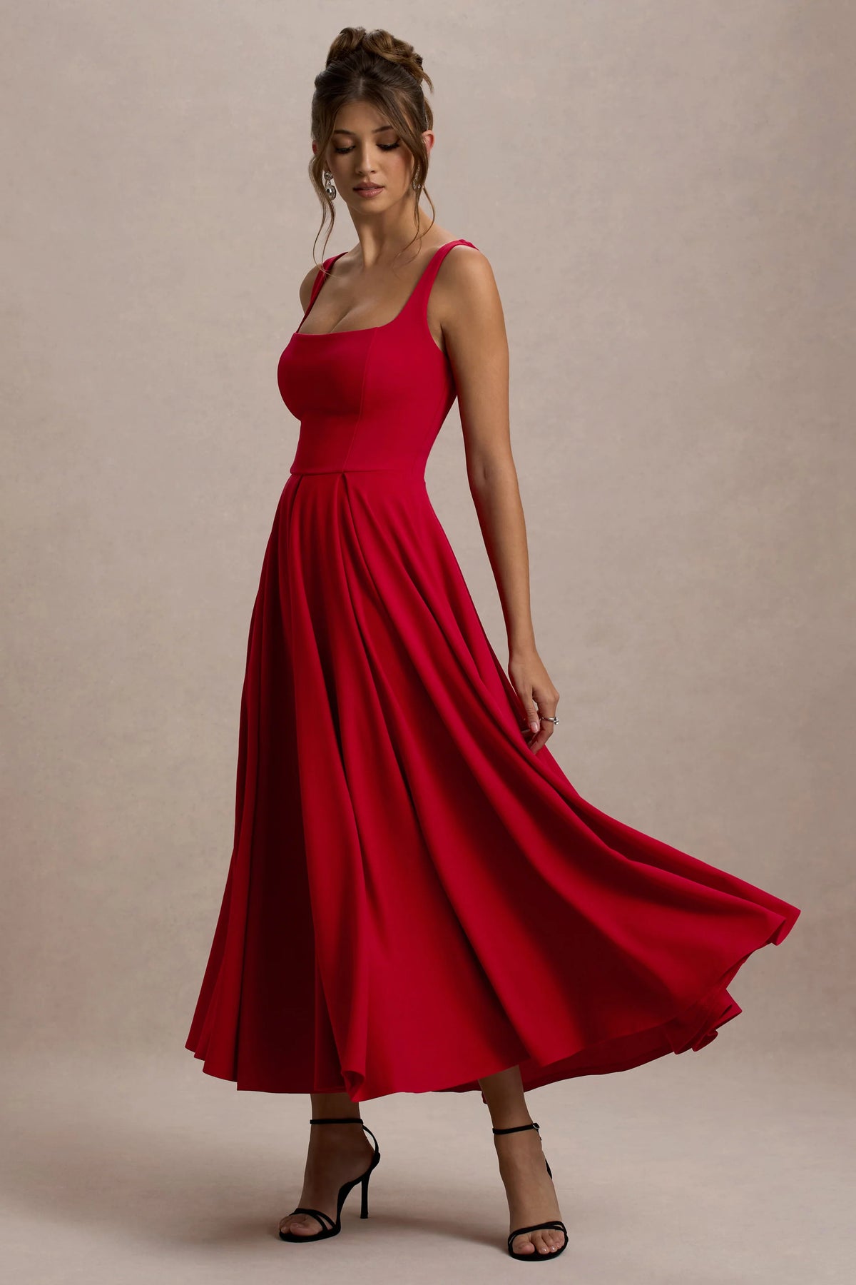 Parina | Red Strappy Volume-Hem Midi Dress