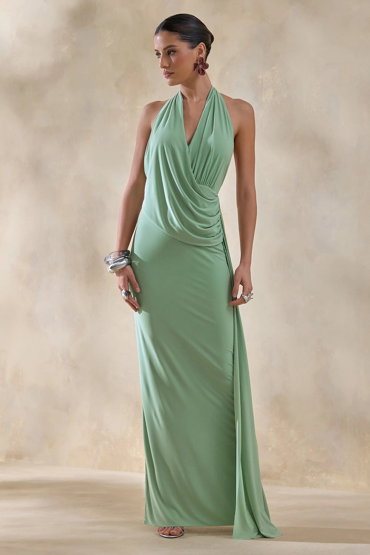 Rosina | Sage Halter-Neck Draped Maxi Dress With Sash