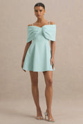 Faria | Light Blue Short-Sleeve Bardot Mini Dress With Bow Detail