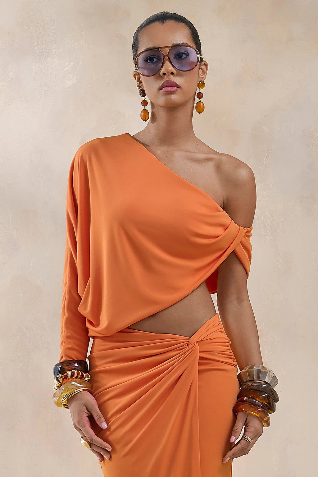 Dua | Orange Asymmetric One-Sleeve Draped Top