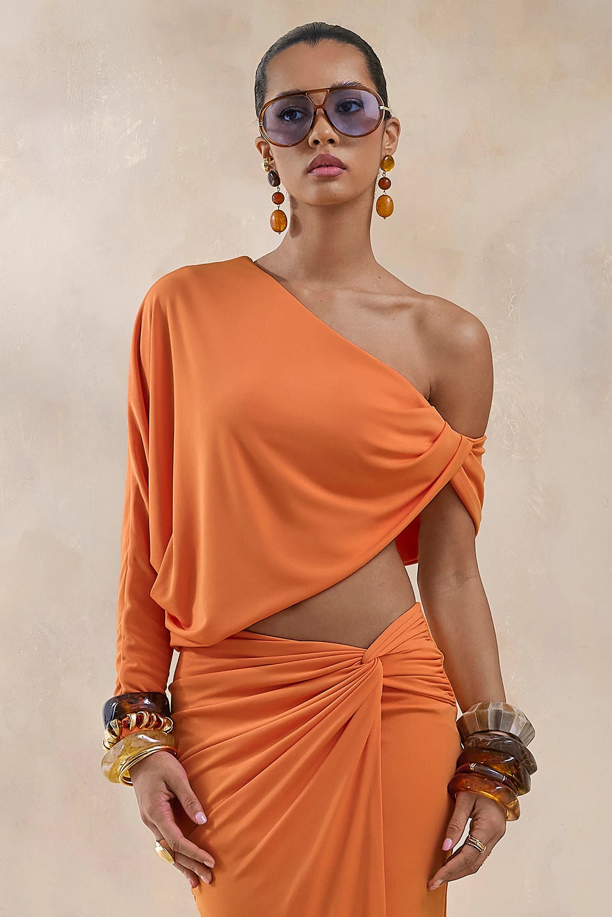 Dua | Orange Asymmetric One-Sleeve Draped Top