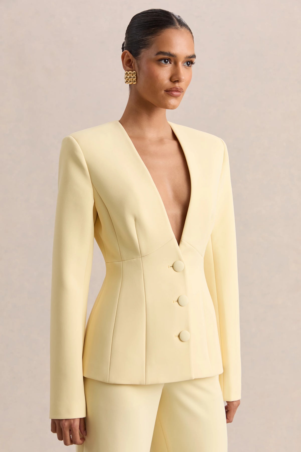 Rosalina | Lemon Extreme-Plunge Neck Tailored Blazer