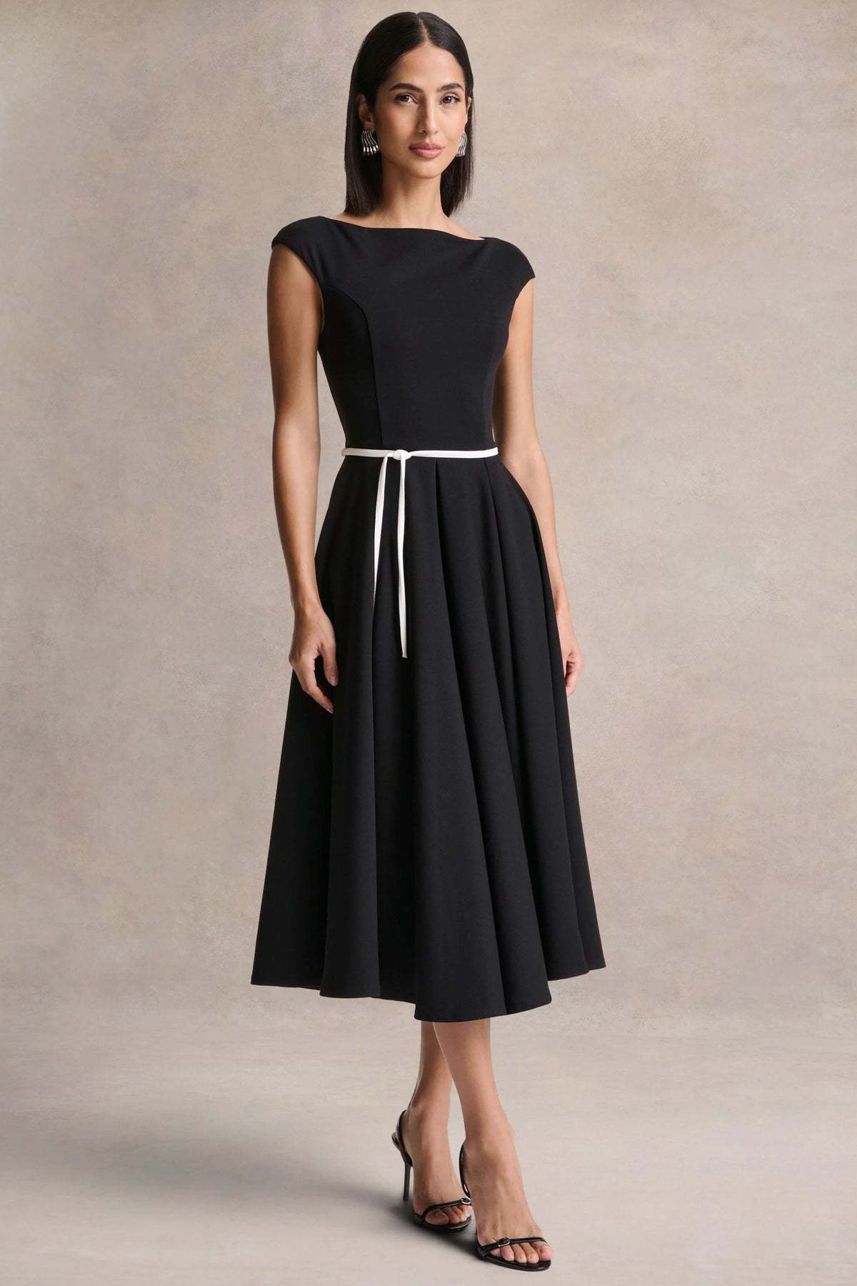 Nataline | Black Round-Neck Midi Dress With White Belt-Detail