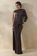 Trisara | Brown Asymmetric-Neck Maxi Dress With Gathered-Detailing And Sash