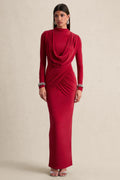 Karinthia | Red High-Neck Maxi Dress With Draped-Detailing
