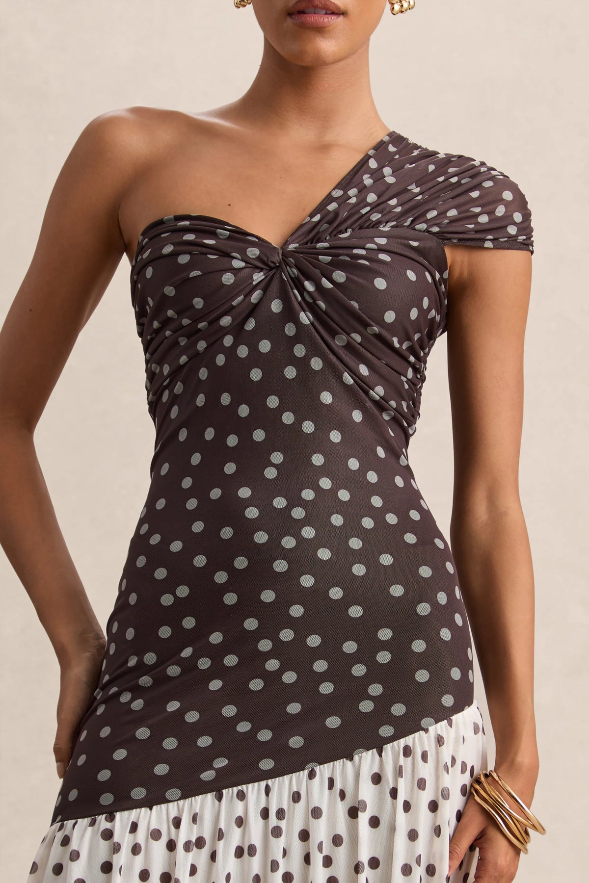 Motira | Brown Polka-Dot Asymmetric-Neck Maxi Dress With Asymmetric Drop-Waist
