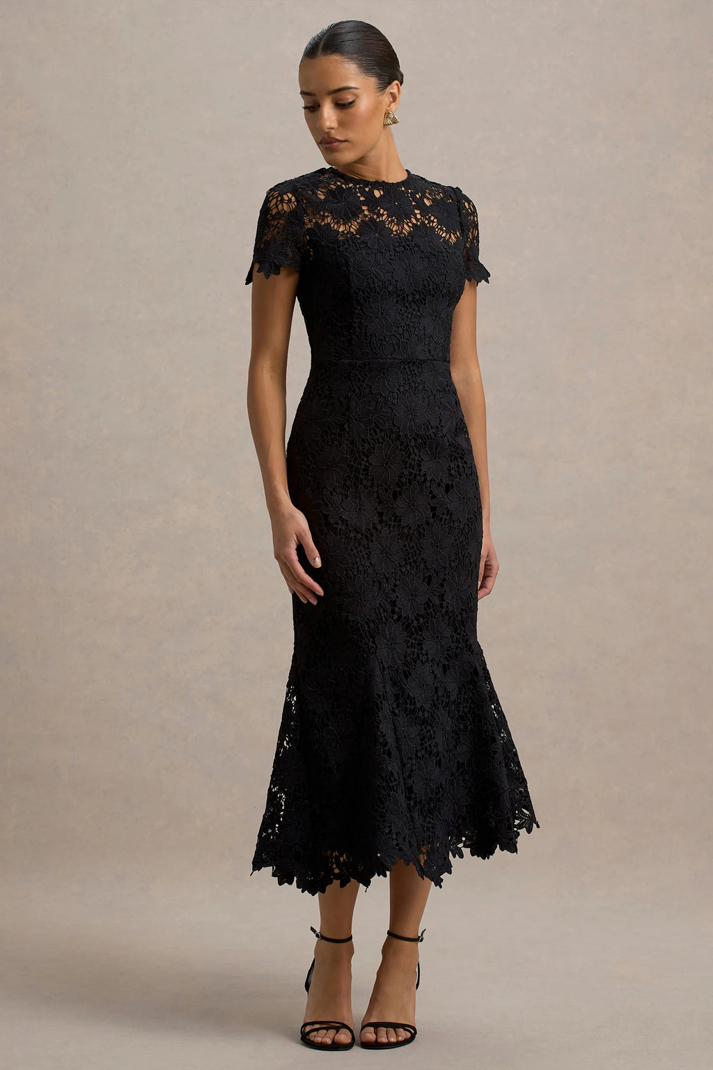 Clarissa | Black Lace Short-Sleeve Midi Dress