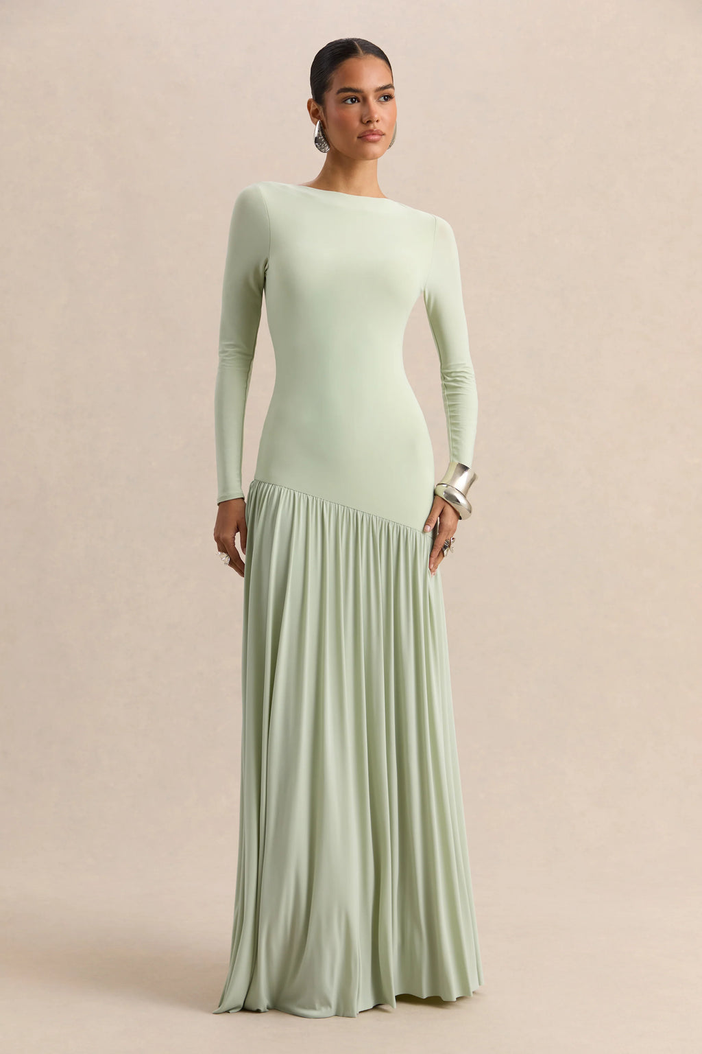 Jasira | Mint Crew-Neck Maxi Dress With Asymmetric Drop-Waist