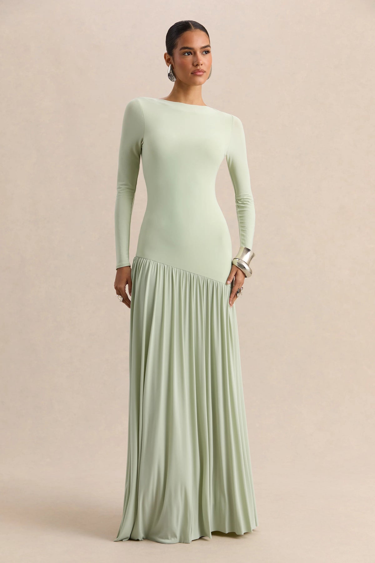 Jasira | Mint Crew-Neck Maxi Dress With Asymmetric Drop-Waist