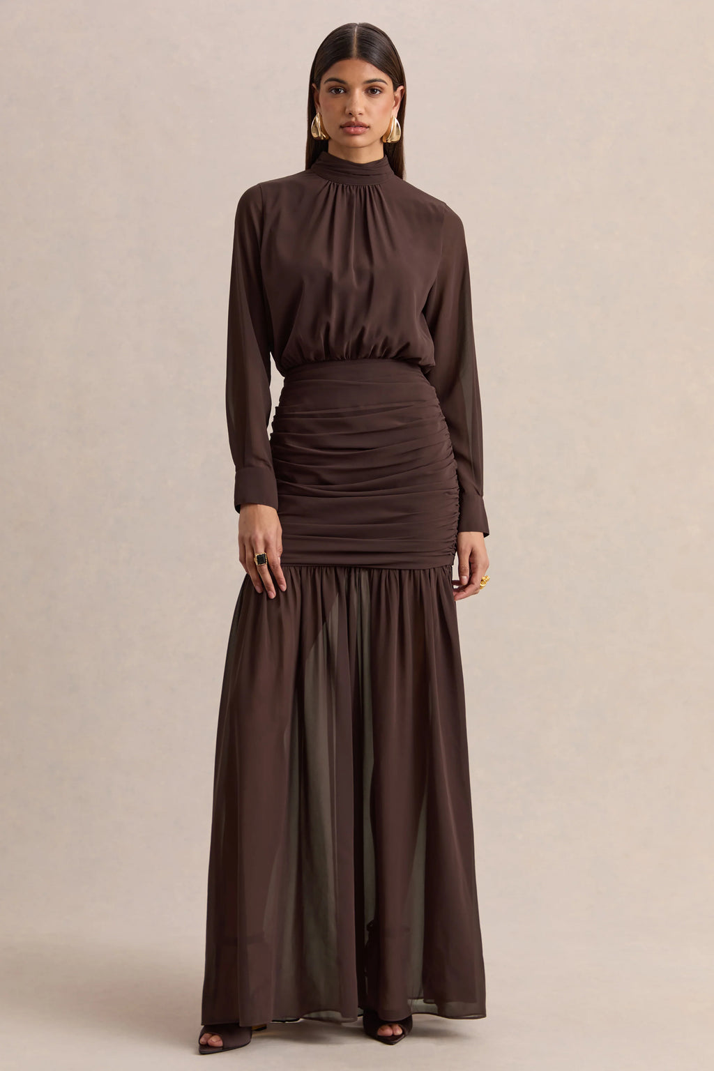 Zella | Brown High-Neck Maxi Dress With Sheer-Skirt