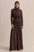 Zella | Brown High-Neck Maxi Dress With Sheer-Skirt