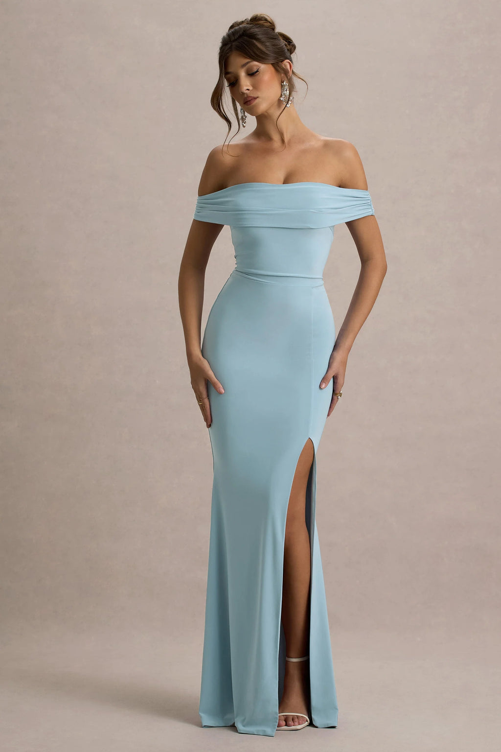Law of Attraction | Powder Blue Bardot Draped Split Maxi Dress