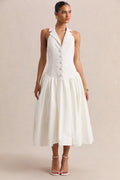 Ella | White Plunge-Neck Midi Dress With Drop-Waist