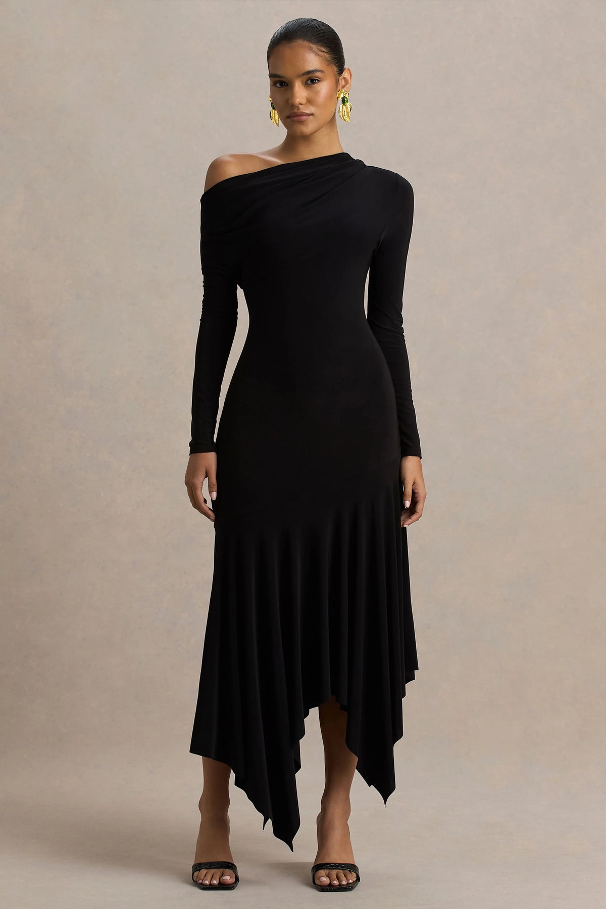 Isola | Black Asymmetric-Neck Midi Dress With Hanky-Hem