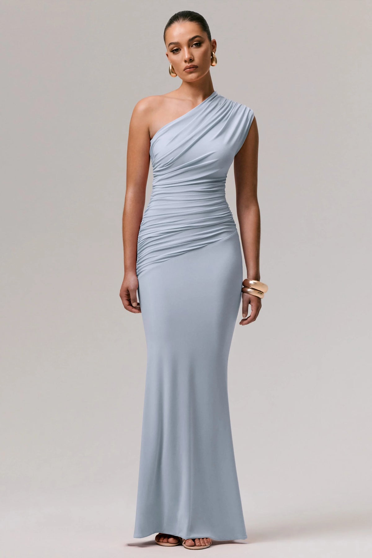 Mardi | Powder Blue Asymmetric Maxi Dress With Ruching