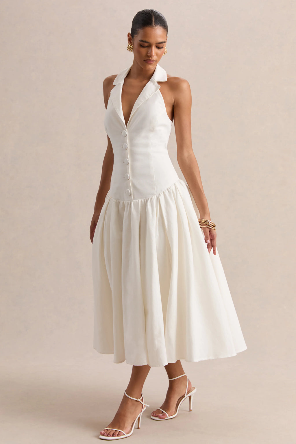 Ella | White Plunge-Neck Midi Dress With Drop-Waist