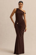Caelia | Brown Asymmetric-Neck Maxi Dress With Gold-Detailing And Sash